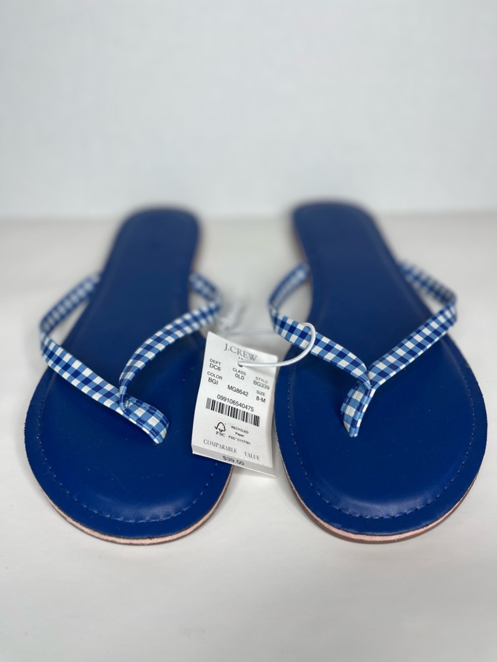 NWT J.Crew Blue Gingham Flip Flop Sandals Size 8 Summer Beach Coastal Chic - Picture 2 of 5